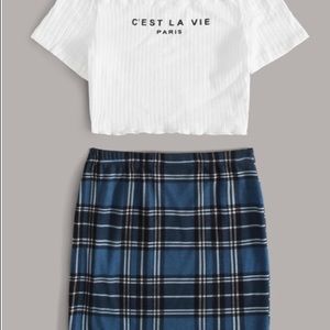 Graphic Lettuce Edge Top And Tartan Skirt Set